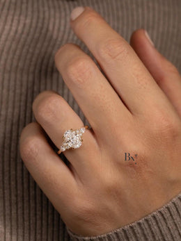 2ct Oval Lab Grown Diamond Engagement Ring | Cluster Pear Side Stones Nature Inspired 14K Gold
