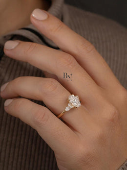 2ct Oval Lab Grown Diamond Engagement Ring | Cluster Pear Side Stones Nature Inspired 14K Gold