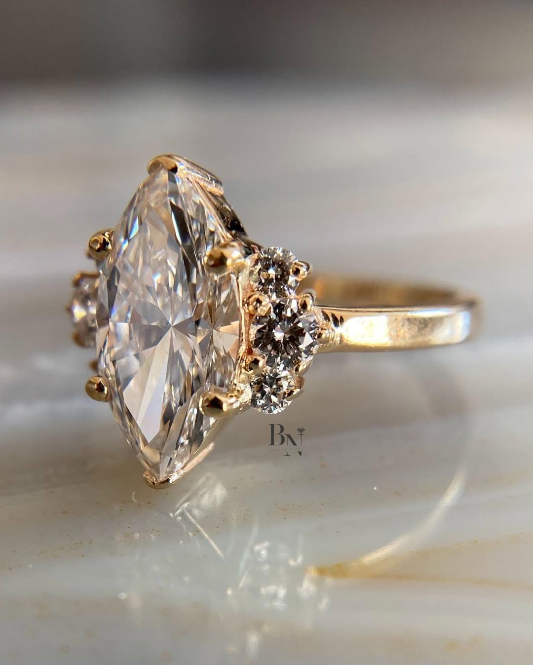2 Carat Marquise Lab Diamond Engagement Ring | Unique Cluster Ring with Round Side Stones | Ethical Nature Inspired Proposal Gift