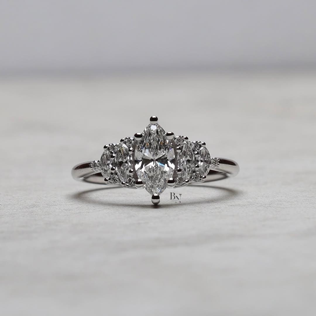 1ct Marquise Lab Grown Diamond Engagement Ring | Vintage Art Deco Five Stone 14K White Gold
