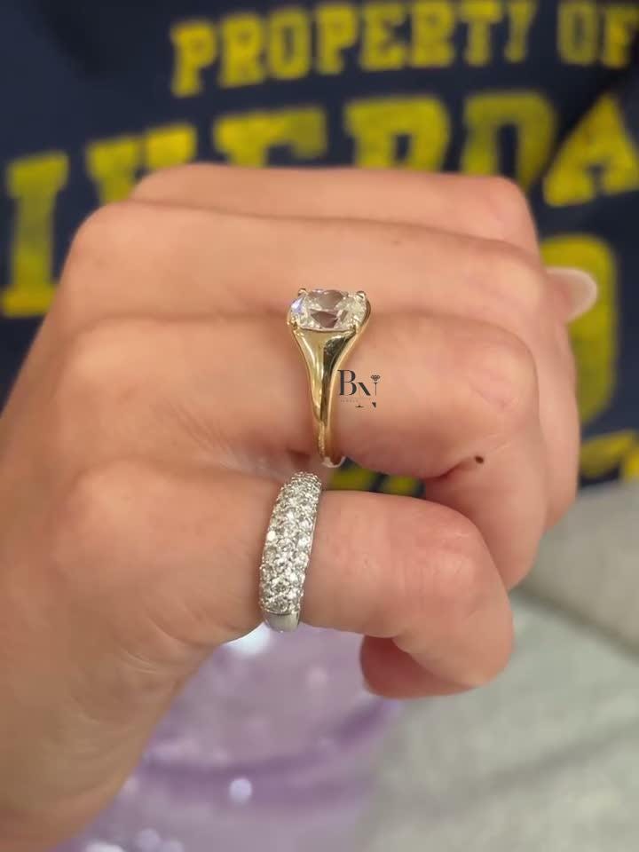 2ct Old Mine Cushion Lab Grown Diamond Engagement Ring | Vintage Bezel Signet 14K Yellow Gold