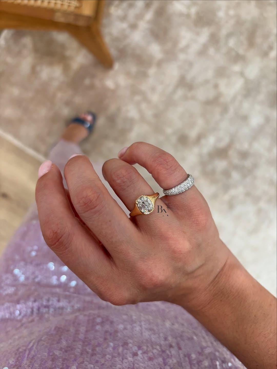 2 Carat Old Mine Cut Lab Diamond Ring | Yellow Gold Signet Engagement Ring | Chunky Vintage Style Bezel Ring | IGI Certified Modern Ring
