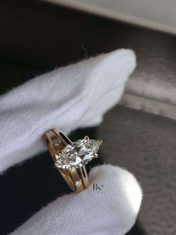 2 Carat Marquise Lab Diamond Bridal Set | Modern Wedding Set with Matte Gold Flush Set Band | Yellow Gold | IGI Certified Lab Diamond