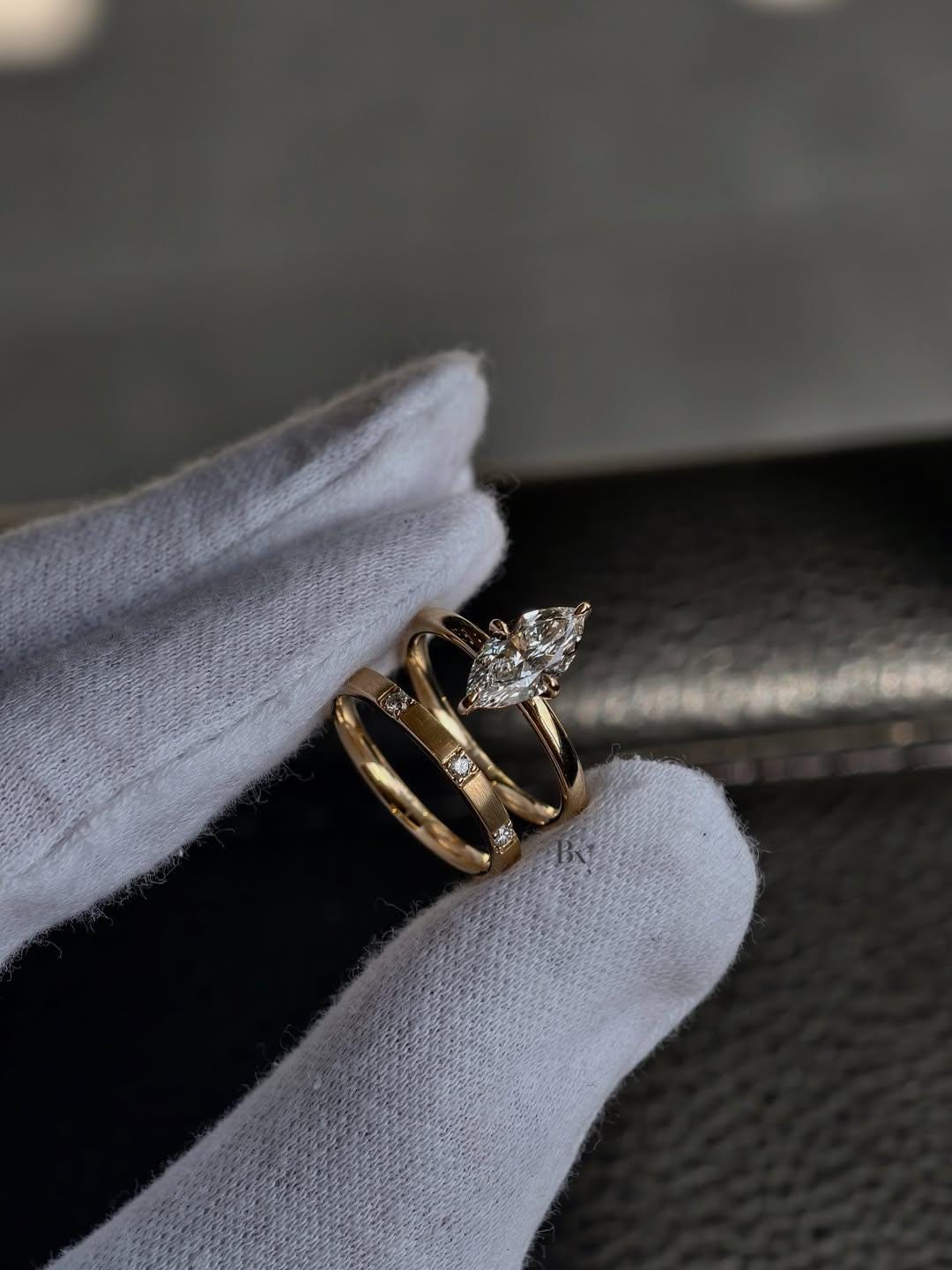 2ct Marquise Lab Grown Diamond Bridal Set | Modern Matte Gold Flush Band 14K Yellow Gold