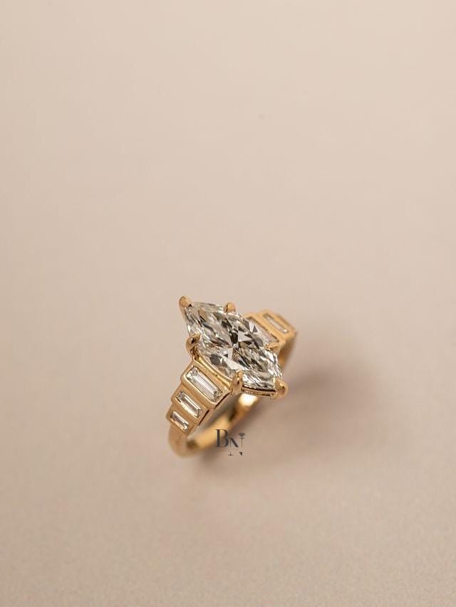 2 Carat Marquise Lab Diamond Art Deco Ring | Engagement Ring with Baguette Side Stones | Yellow Gold Vintage Ring | IGI Certified LabDiamond