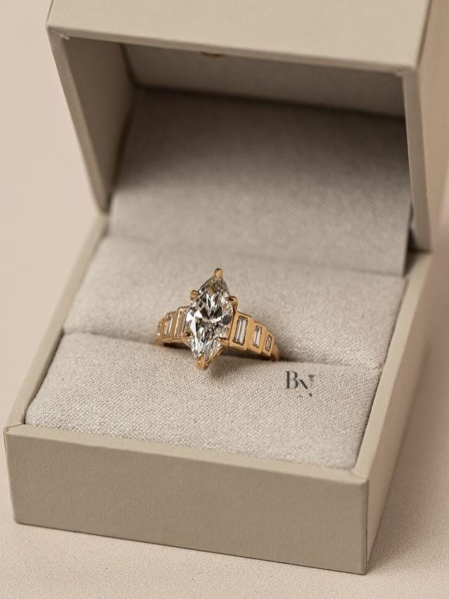 2ct Marquise Lab Grown Diamond Engagement Ring | Art Deco Baguette Side Stones 14K Yellow Gold