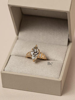2ct Marquise Lab Grown Diamond Engagement Ring | Art Deco Baguette Side Stones 14K Yellow Gold