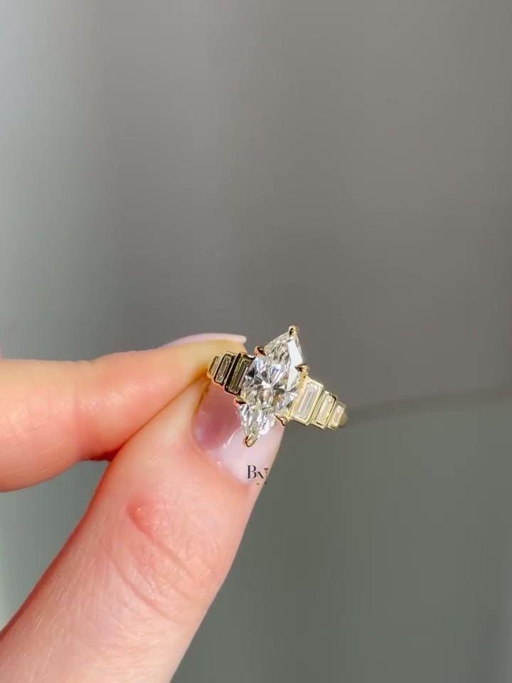 2ct Marquise Lab Grown Diamond Engagement Ring | Art Deco Baguette Side Stones 14K Yellow Gold