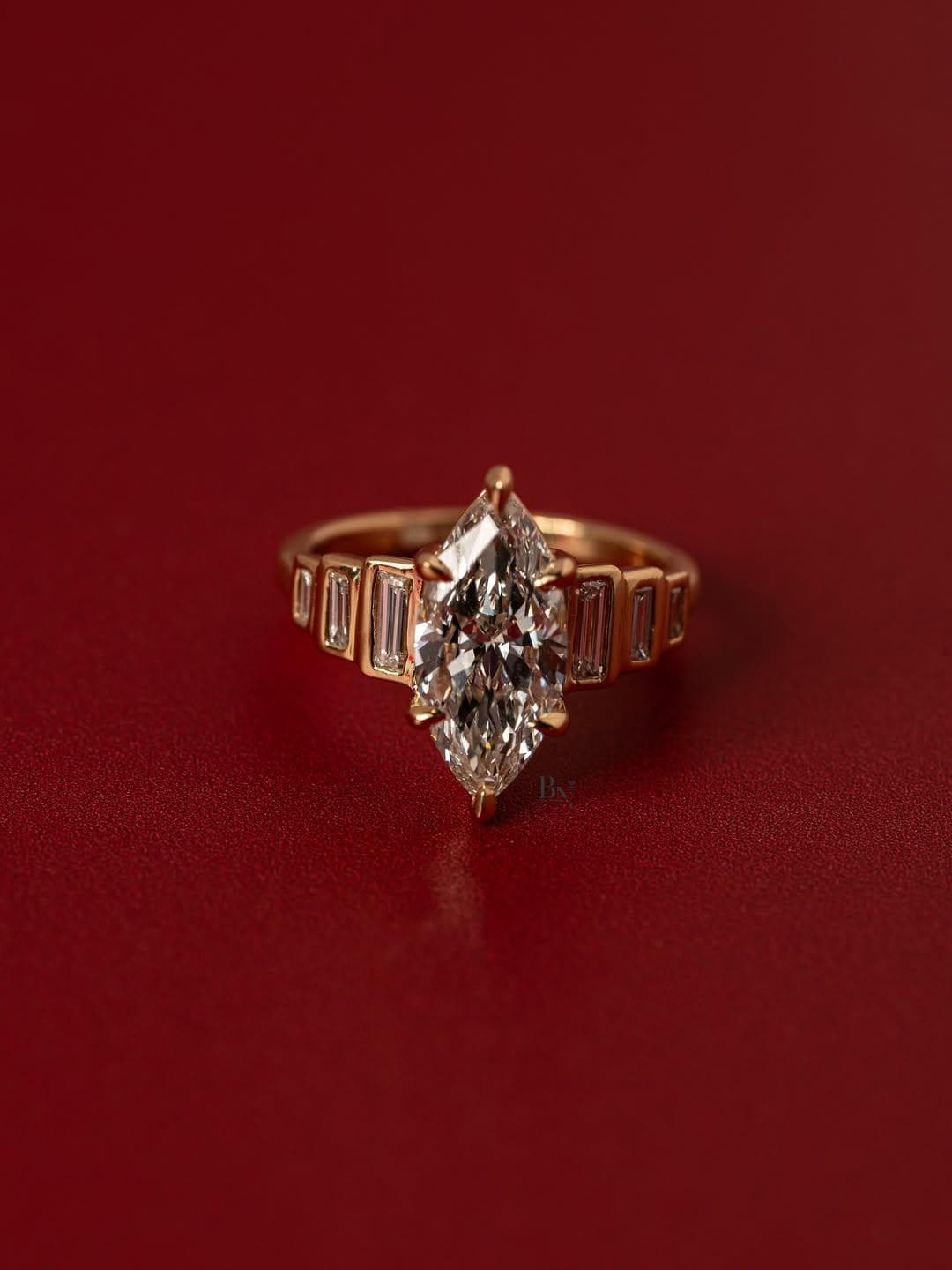 2ct Marquise Lab Grown Diamond Engagement Ring | Art Deco Baguette Side Stones 14K Yellow Gold