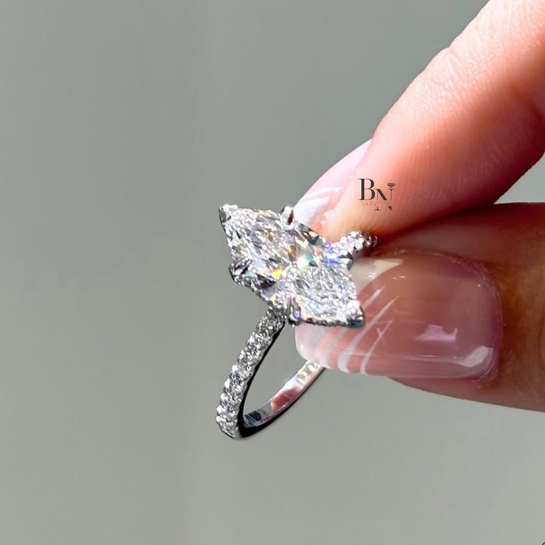 2ct Marquise Lab Grown Diamond Engagement Ring | Hidden Halo Pavé Elongated Solitaire 14K White Gold