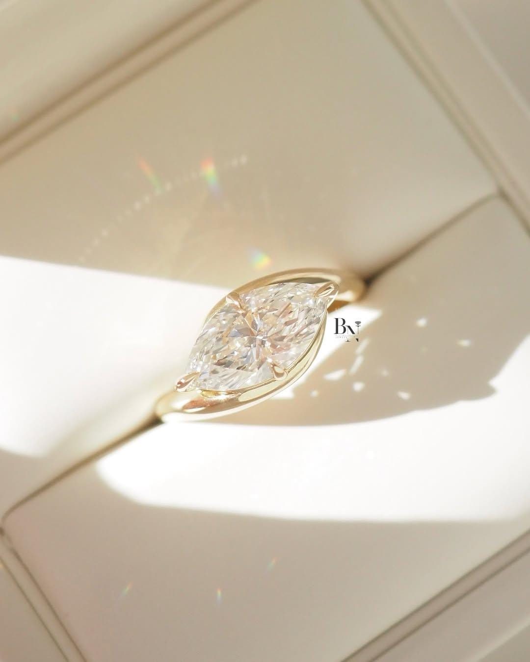 2ct East West Marquise Lab Grown Diamond Engagement Ring | Bypass Tension Style 14K Yellow Gold