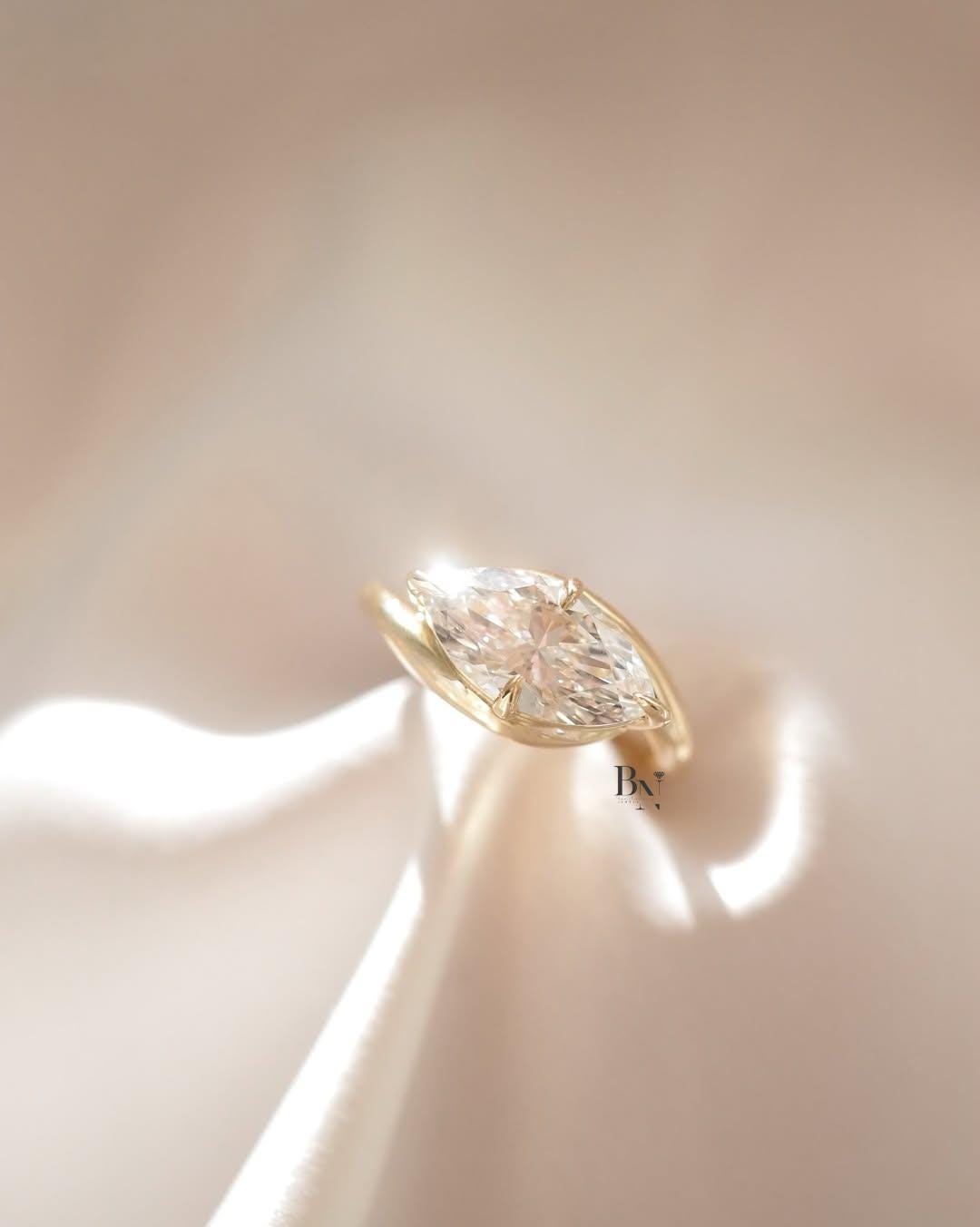 2ct East West Marquise Lab Grown Diamond Engagement Ring | Bypass Tension Style 14K Yellow Gold