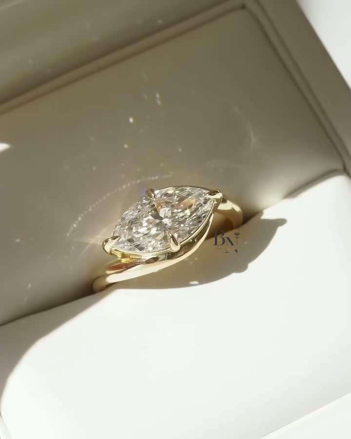 2ct East West Marquise Lab Grown Diamond Engagement Ring | Bypass Tension Style 14K Yellow Gold