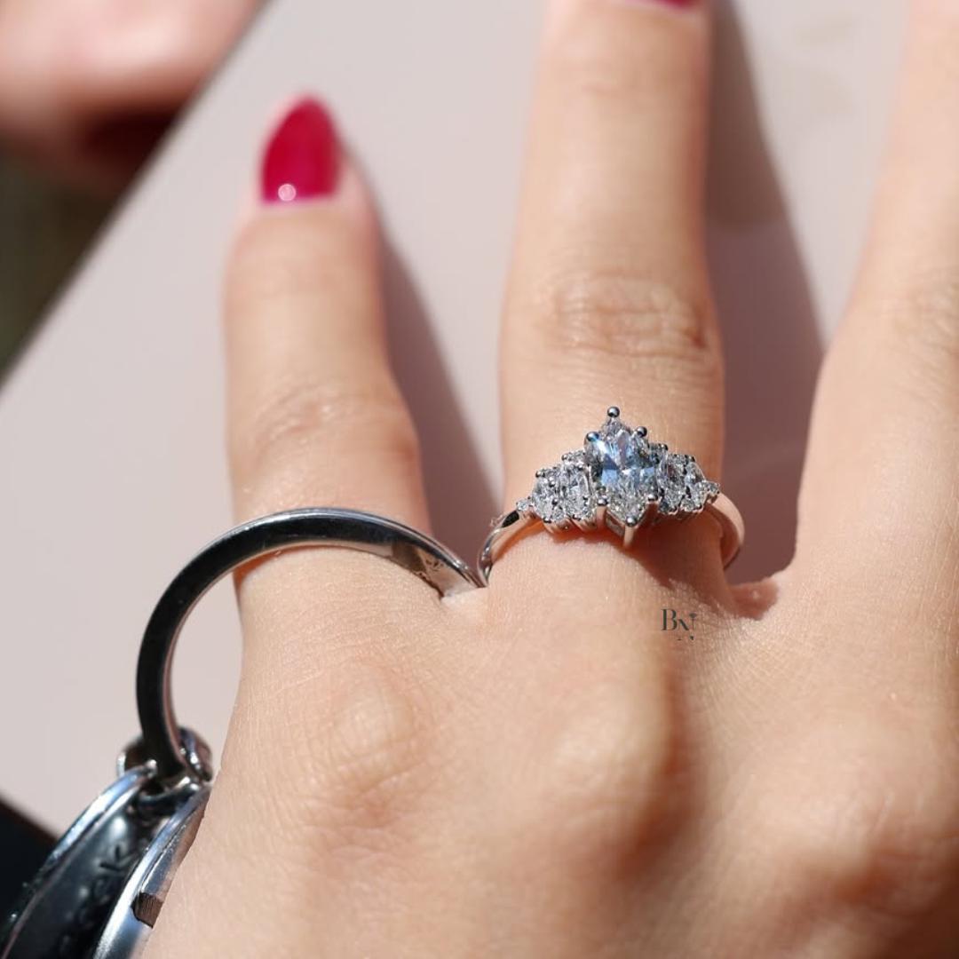 1ct Marquise Lab Grown Diamond Engagement Ring | Vintage Art Deco Five Stone 14K White Gold