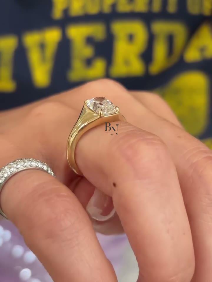 2ct Old Mine Cushion Lab Grown Diamond Engagement Ring | Vintage Bezel Signet 14K Yellow Gold