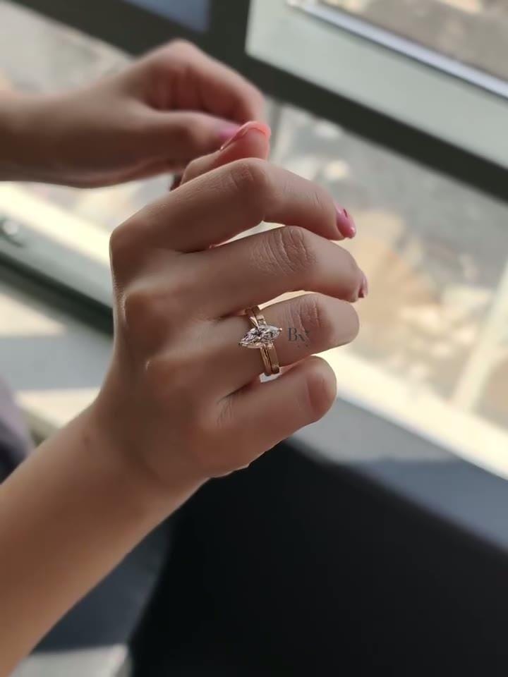 2 Carat Marquise Lab Diamond Bridal Set | Modern Wedding Set with Matte Gold Flush Set Band | Yellow Gold | IGI Certified Lab Diamond