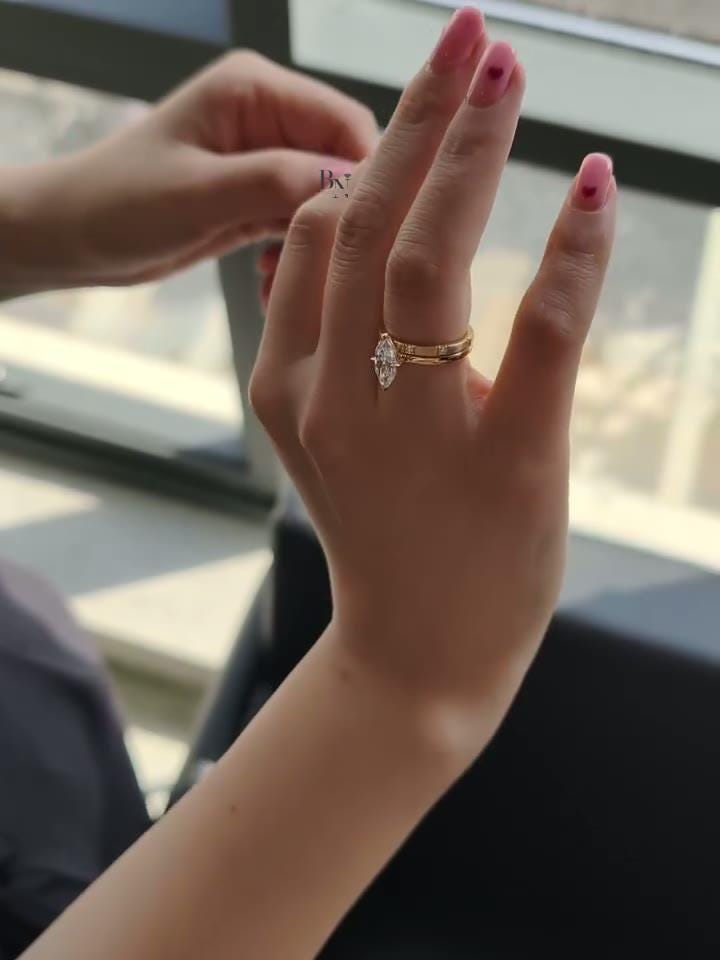2 Carat Marquise Lab Diamond Bridal Set | Modern Wedding Set with Matte Gold Flush Set Band | Yellow Gold | IGI Certified Lab Diamond