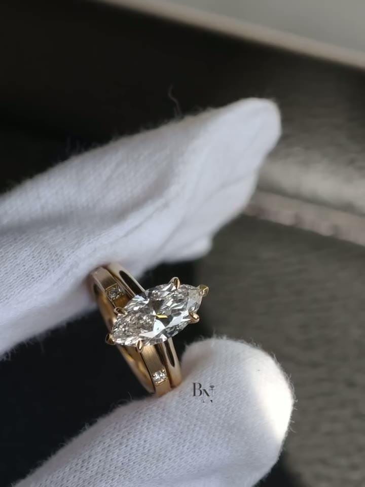 2 Carat Marquise Lab Diamond Bridal Set | Modern Wedding Set with Matte Gold Flush Set Band | Yellow Gold | IGI Certified Lab Diamond