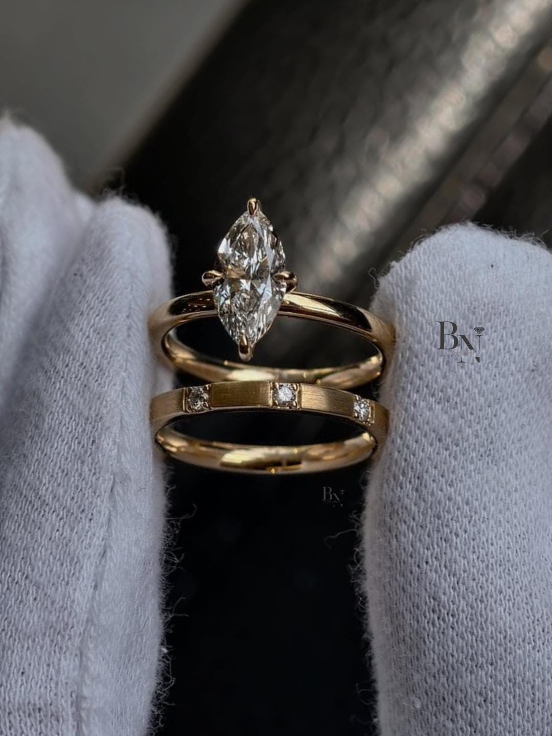 2ct Marquise Lab Grown Diamond Bridal Set | Modern Matte Gold Flush Band 14K Yellow Gold