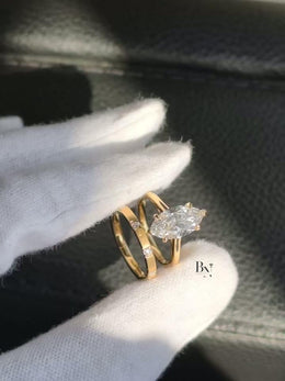 2ct Marquise Lab Grown Diamond Bridal Set | Modern Matte Gold Flush Band 14K Yellow Gold