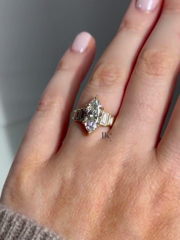 2ct Marquise Lab Grown Diamond Engagement Ring | Art Deco Baguette Side Stones 14K Yellow Gold
