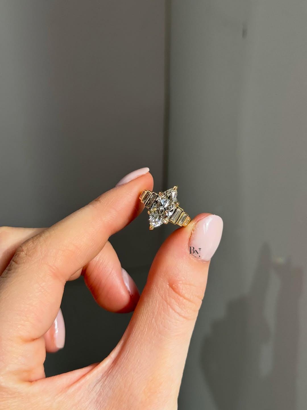2ct Marquise Lab Grown Diamond Engagement Ring | Art Deco Baguette Side Stones 14K Yellow Gold