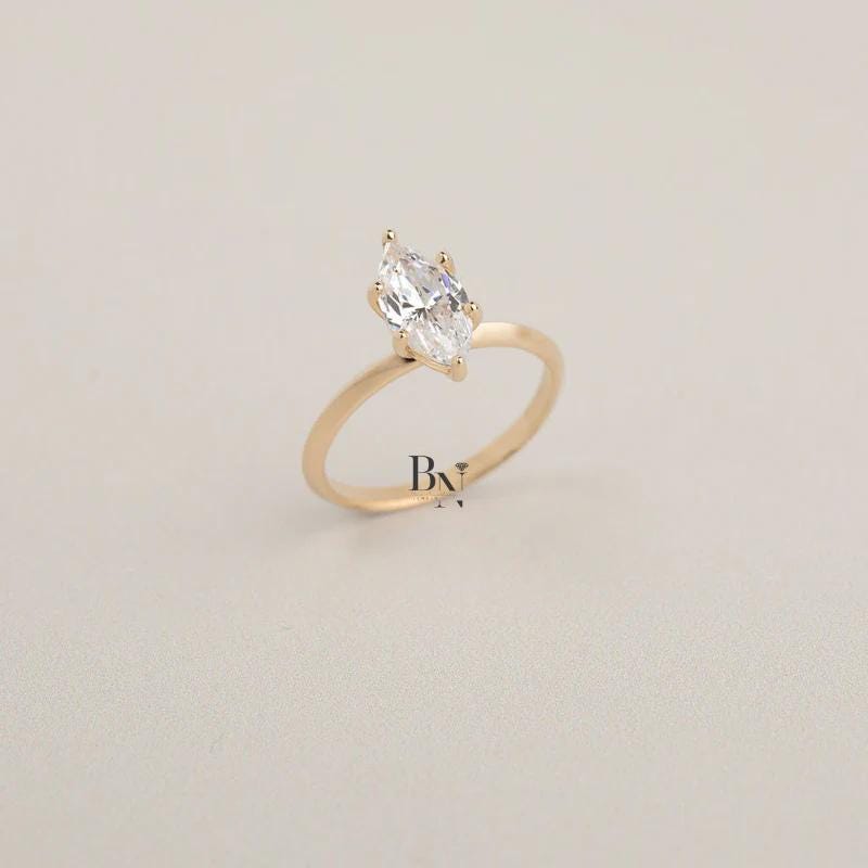 1ct Marquise Lab Grown Diamond Solitaire Ring | Minimalist Dainty 14K Yellow Gold