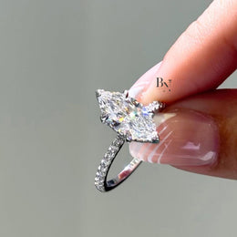 2ct Marquise Lab Grown Diamond Engagement Ring | Hidden Halo Pavé Elongated Solitaire 14K White Gold