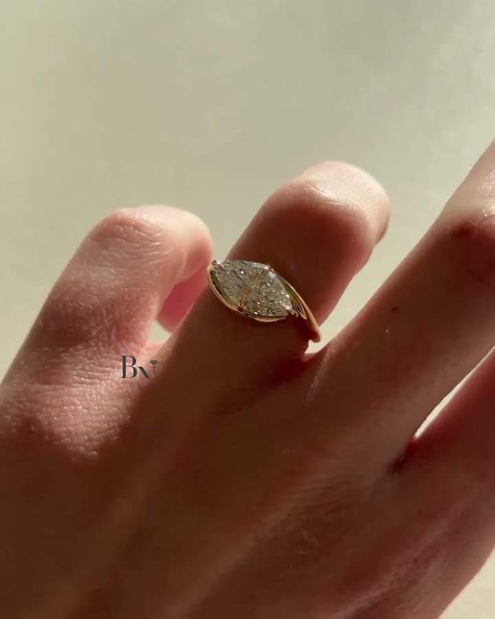 2ct East West Marquise Lab Grown Diamond Engagement Ring | Bypass Tension Style 14K Yellow Gold