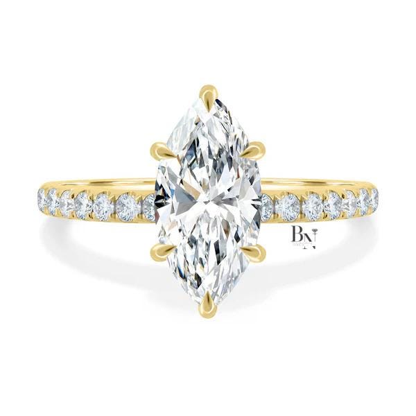 2ct Marquise Lab Grown Diamond Engagement Ring | Pavé Elongated Vintage Solitaire 14K Yellow Gold