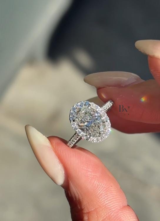 2ct Oval Lab Grown Diamond Engagement Ring | Halo Pavé Band 14K White Gold