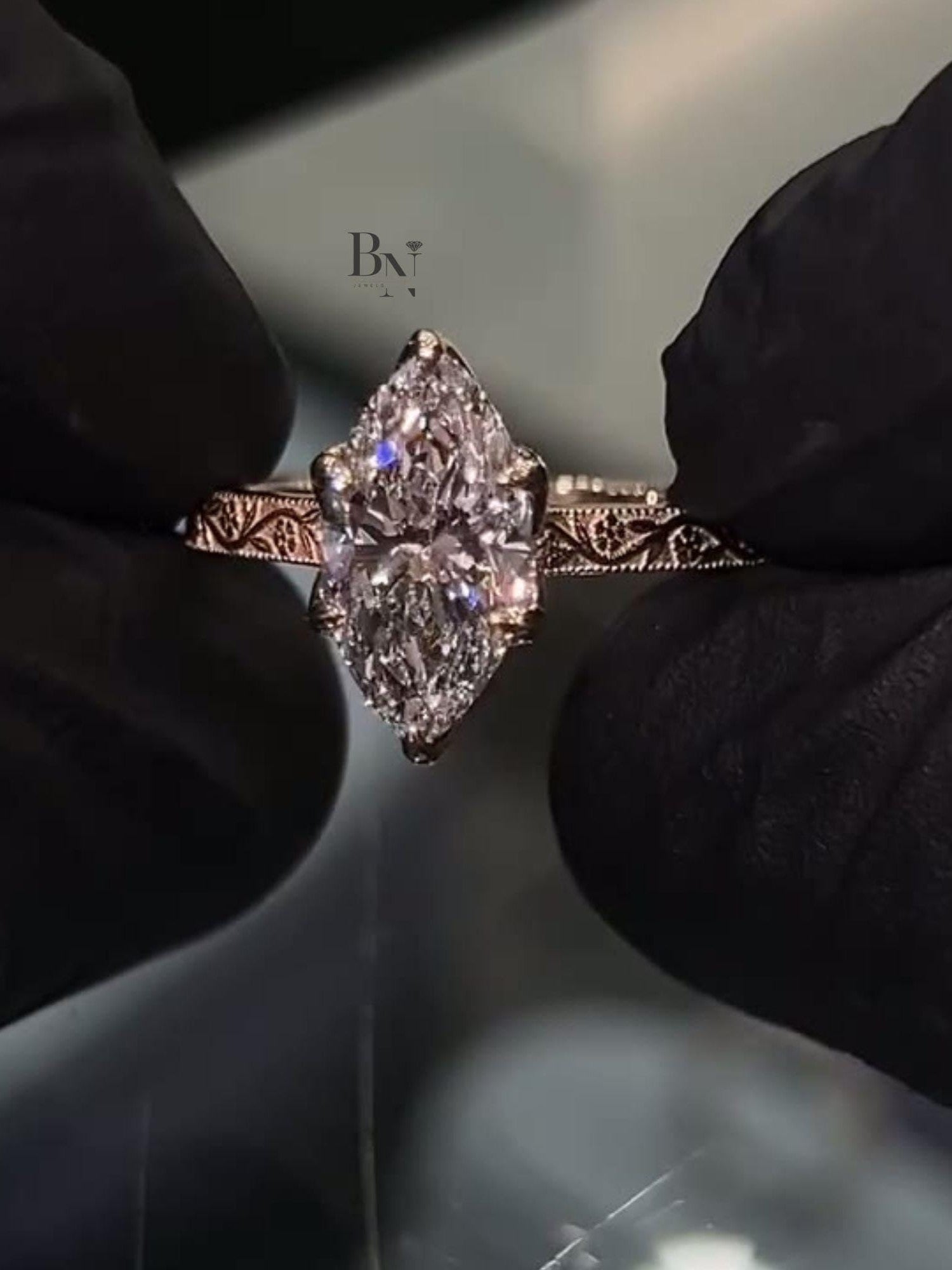 2ct Marquise Lab Grown Diamond Engagement Ring | Vintage Engraved Art Deco Solitaire 14K Gold