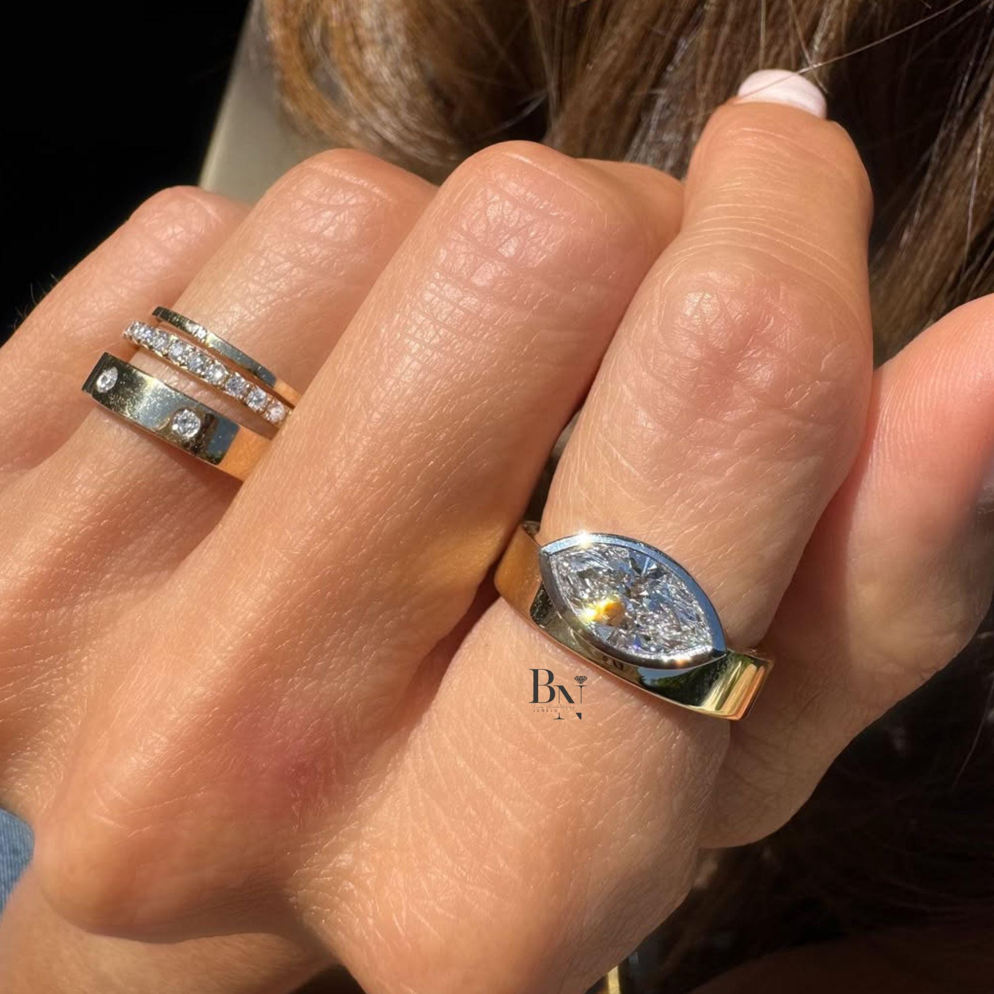 2 Carat East West Lab Grown Diamond Ring | Wide Cigar Band Engagement Ring | Modern Bezel Setting | Luxury Chunky Wedding Ring | Gold Ring