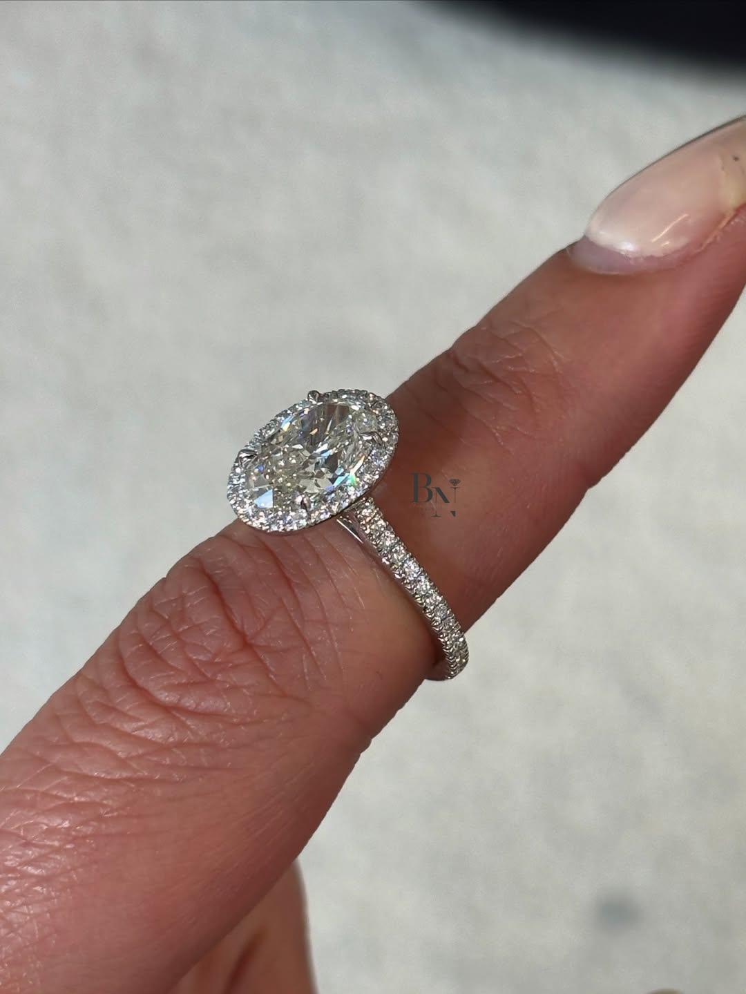 2ct Oval Lab Grown Diamond Engagement Ring | Halo Pavé Band 14K White Gold
