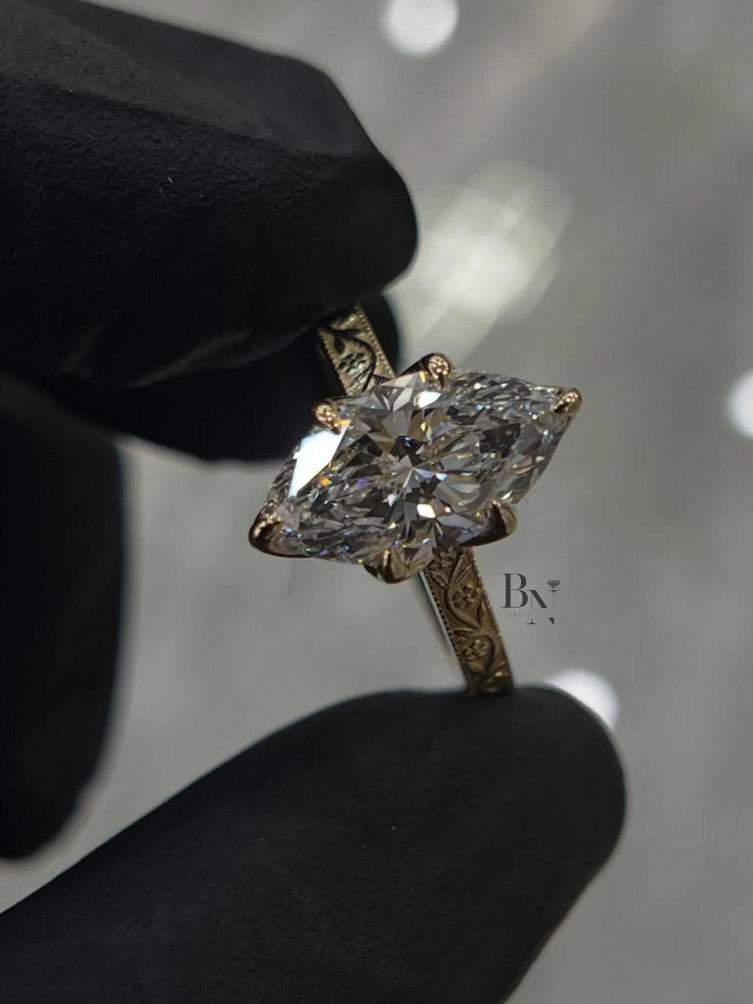 2ct Marquise Lab Grown Diamond Engagement Ring | Vintage Engraved Art Deco Solitaire 14K Gold