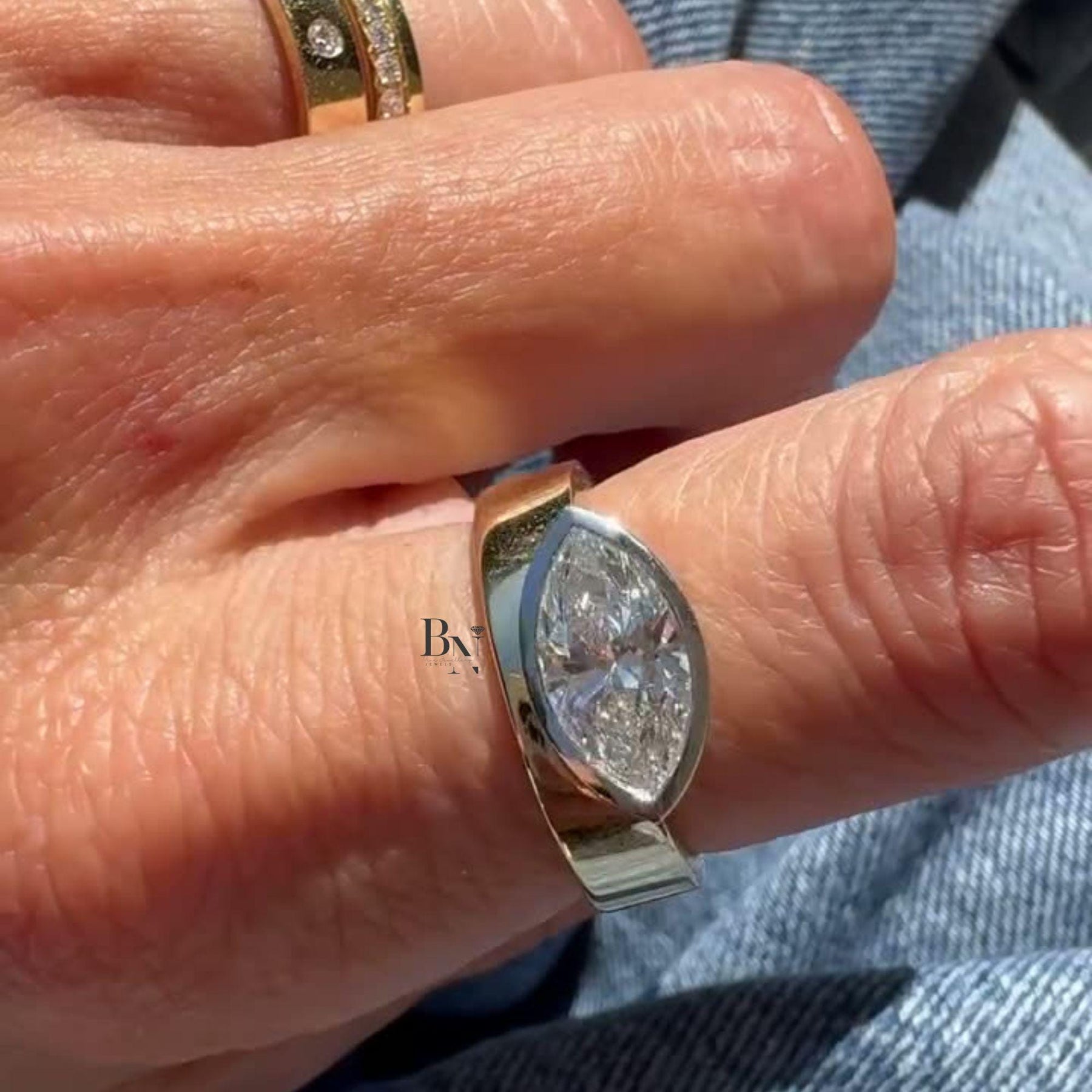 2ct East West Oval Lab Grown Diamond Engagement Ring | Wide Cigar Bezel Band 14K Gold