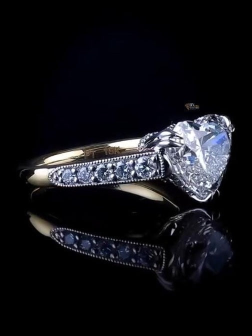 3ct Heart Lab Grown Diamond Engagement Ring | Two Tone Milgrain Pavé Hidden Halo 14K Gold