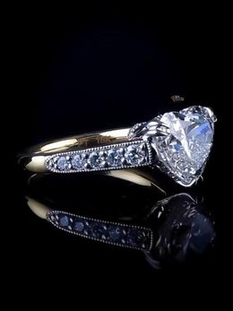 3ct Heart Lab Grown Diamond Engagement Ring | Two Tone Milgrain Pavé Hidden Halo 14K Gold