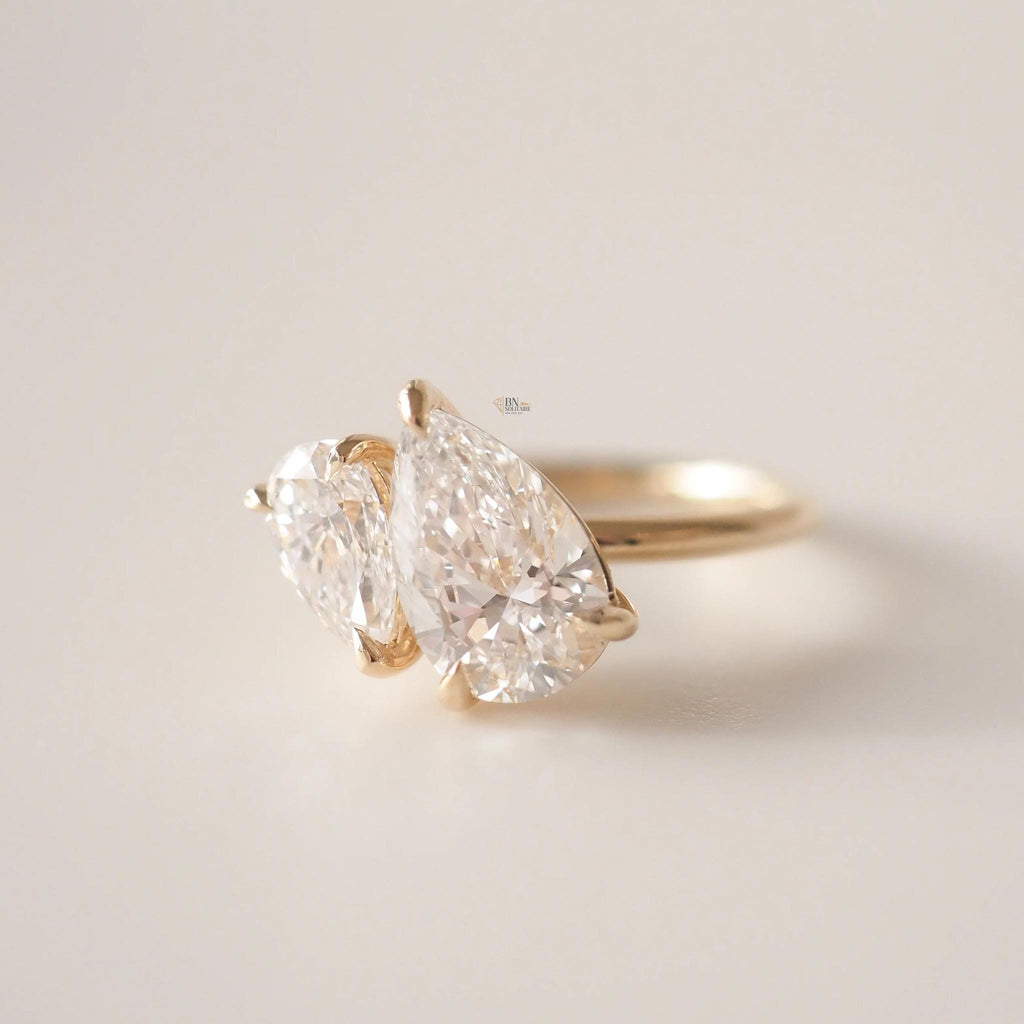 1 ctw Pear Lab Diamond Toi et Moi Ring | 14K Yellow Gold Asymmetrical Engagement | Two Stone Bypass Proposal Gift | Minimalist Luxury