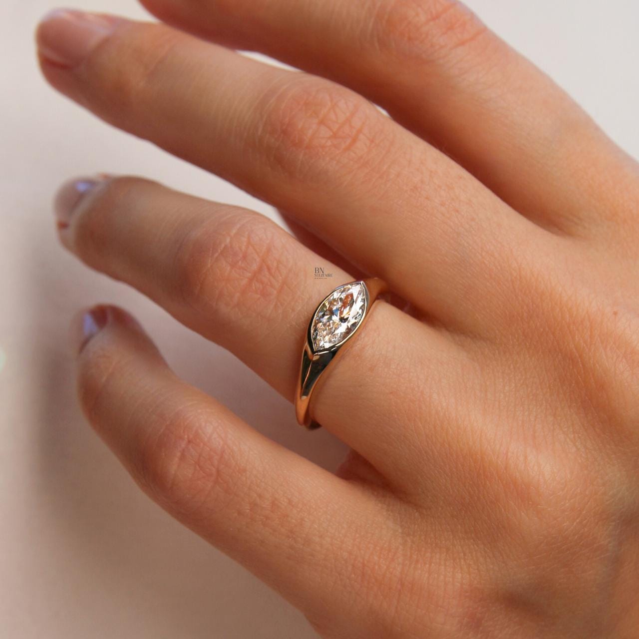 1.2ct Marquise Lab Grown Diamond Engagement Ring | East West Half Bezel Solitaire 14K Yellow Gold