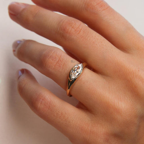 1.2ct Marquise Lab Grown Diamond Engagement Ring | East West Half Bezel Solitaire 14K Yellow Gold