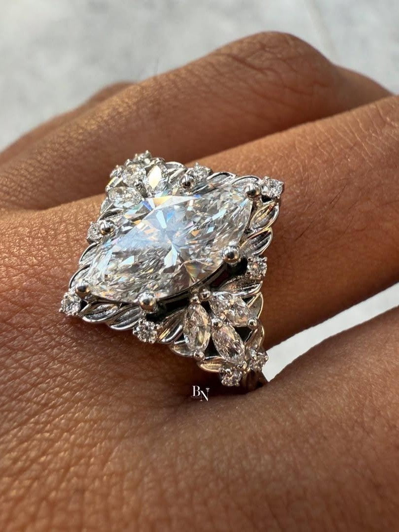 1.50ct Marquise Lab Grown Diamond Engagement Ring | Nature Inspired Leaf Accent Halo 14K Gold