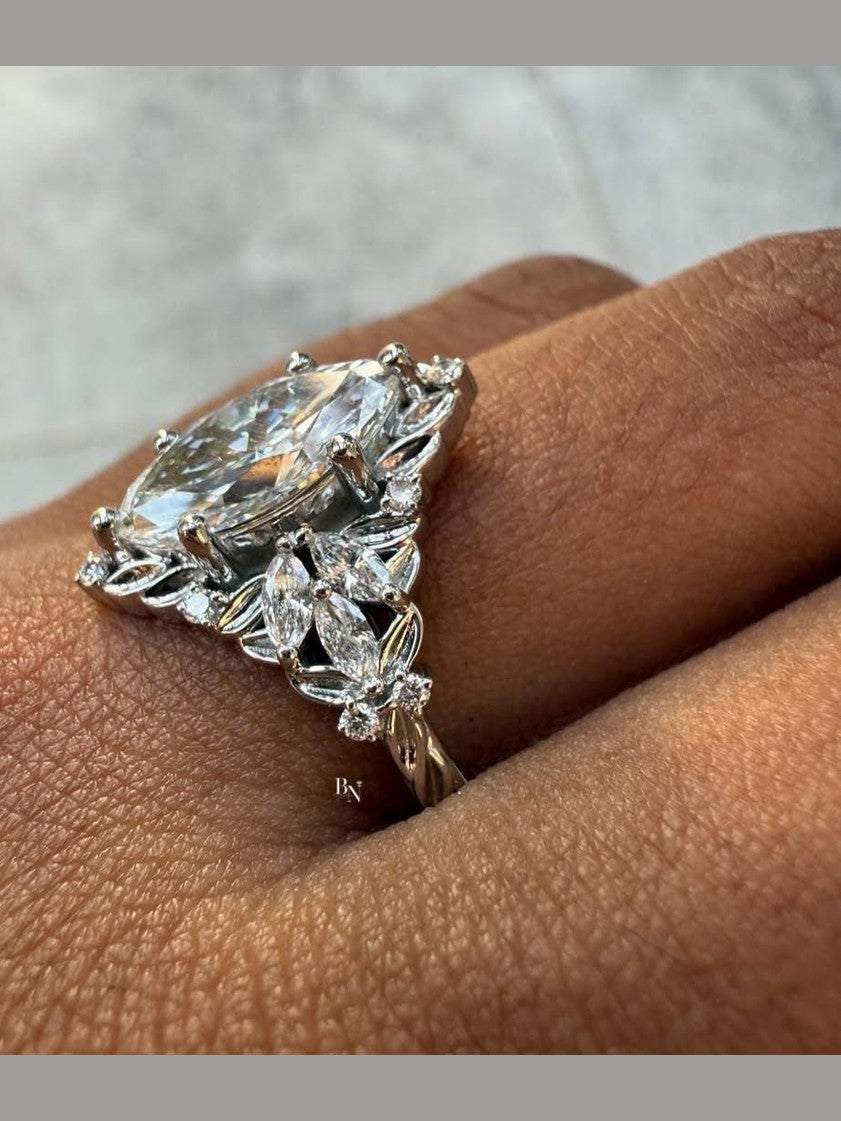1.50ct Marquise Lab Grown Diamond Engagement Ring | Nature Inspired Leaf Accent Halo 14K Gold