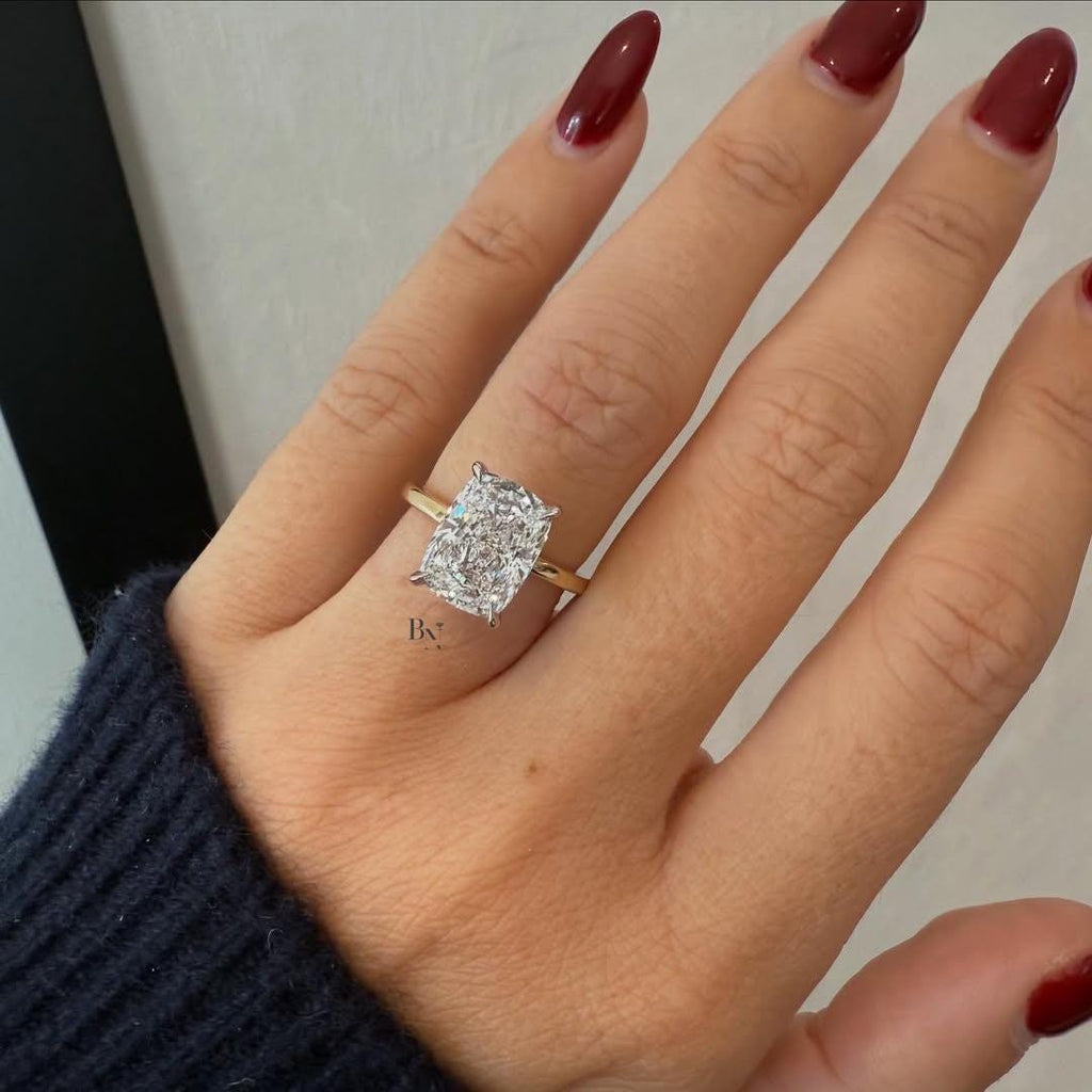 3.00ct Crushed Ice Elongated Cushion Moissanite Ring | Two-Tone Solitaire | Dainty Band Engagement Ring | Rainbow Fire Sparkle