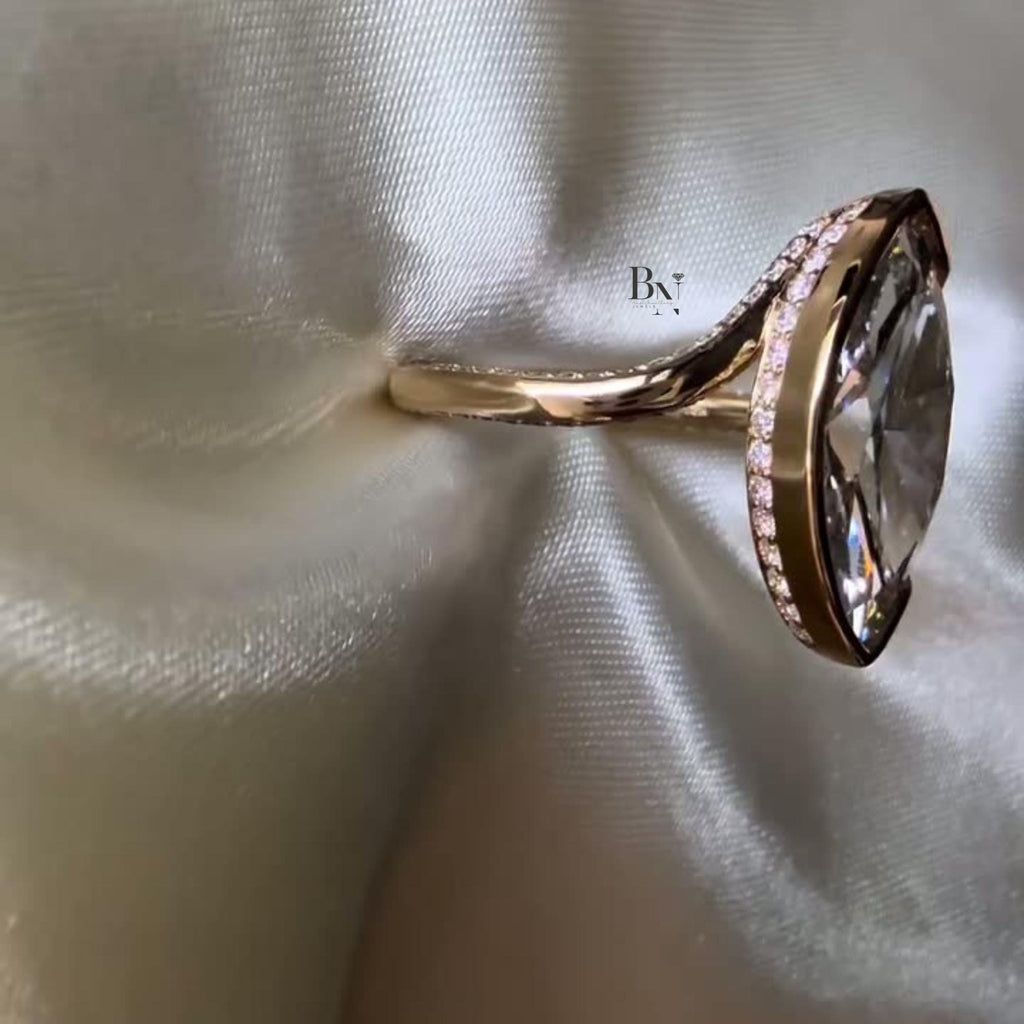 3.00ct Marquise Lab Diamond Engagement Ring | Rose Gold Pave Bypass Band | IGI Certified Bezel Set Bridal Ring | Hidden Halo