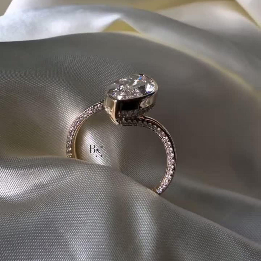 3.00ct Marquise Lab Diamond Engagement Ring | Rose Gold Pave Bypass Band | IGI Certified Bezel Set Bridal Ring | Hidden Halo