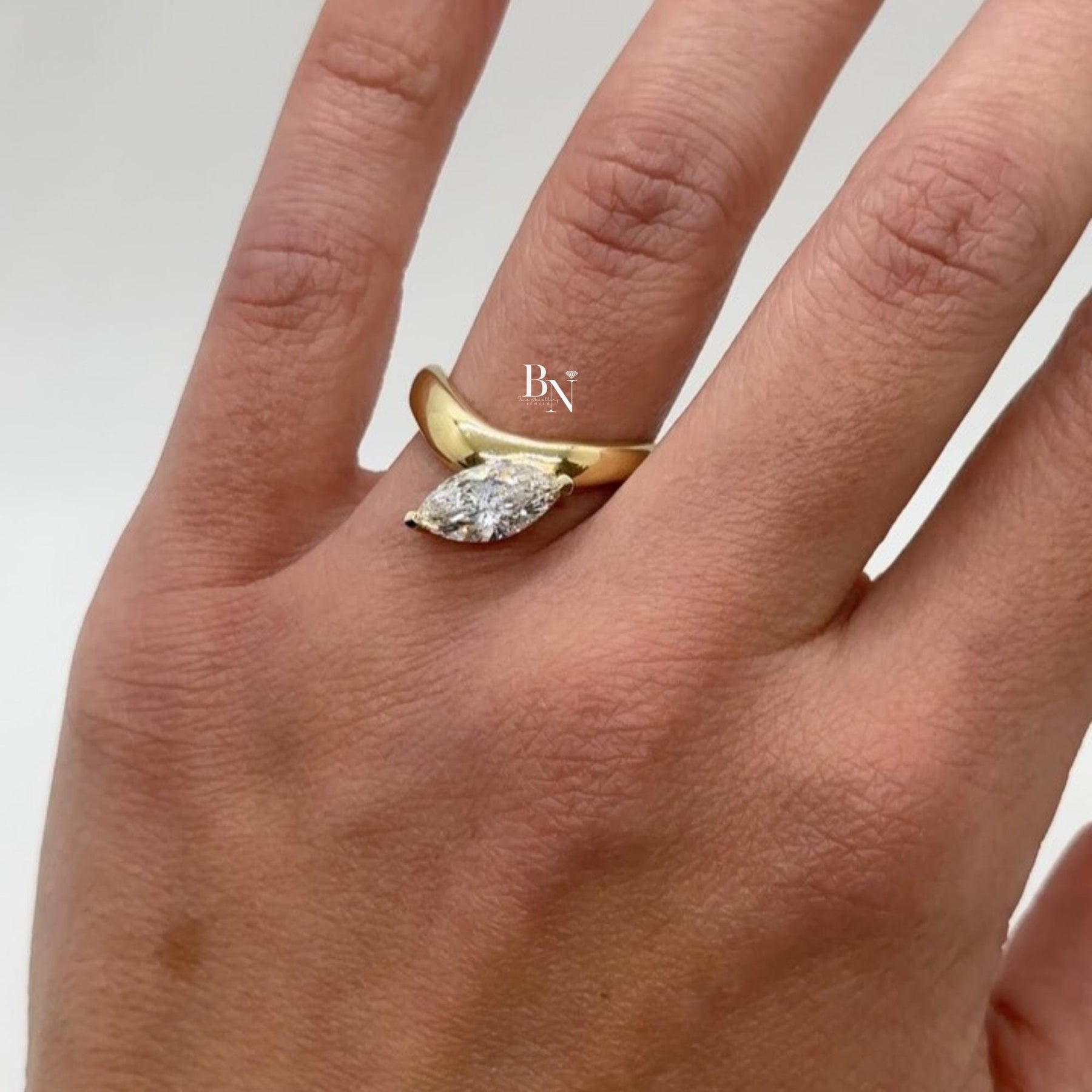 1ct Marquise Lab Grown Diamond Engagement Ring | East West Bezel Bypass Solitaire 14K Yellow Gold