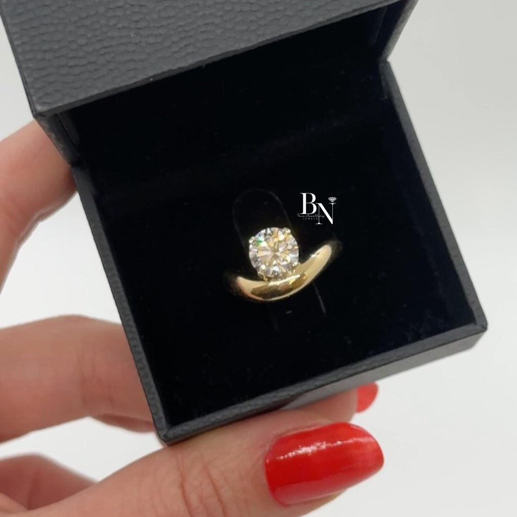 1.00ct Round Lab Diamond Engagement Ring | Yellow Gold Bypass Solitaire | Tension Set Unique Modern Bridal Ring | IGI Certified