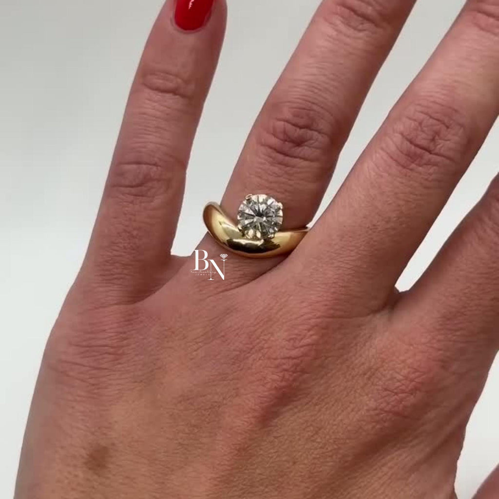 1.00ct Round Lab Diamond Engagement Ring | Yellow Gold Bypass Solitaire | Tension Set Unique Modern Bridal Ring | IGI Certified