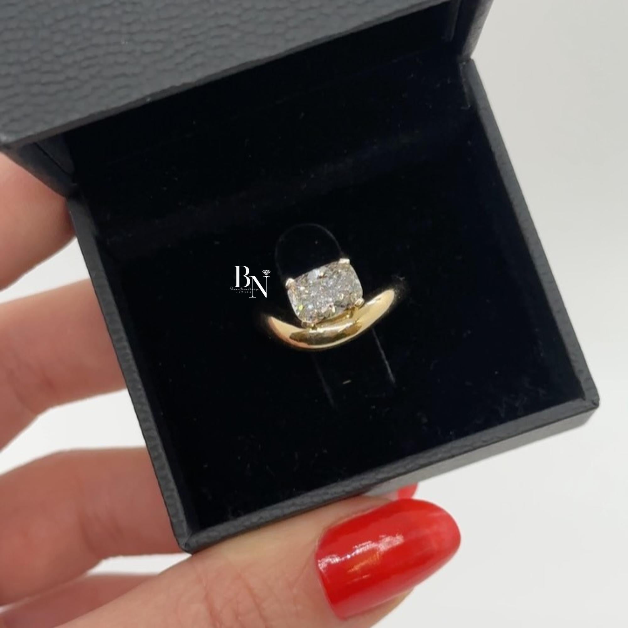 1.00ct Cushion Lab Diamond Engagement Ring | Yellow Gold Bypass Solitaire | Semi Bezel Set Unique Bridal Ring | Modern Sculptural